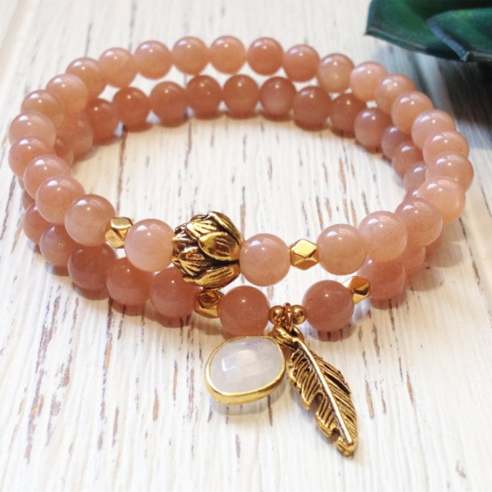 Women's Peach Moonstone & Lotus Bracelets Set